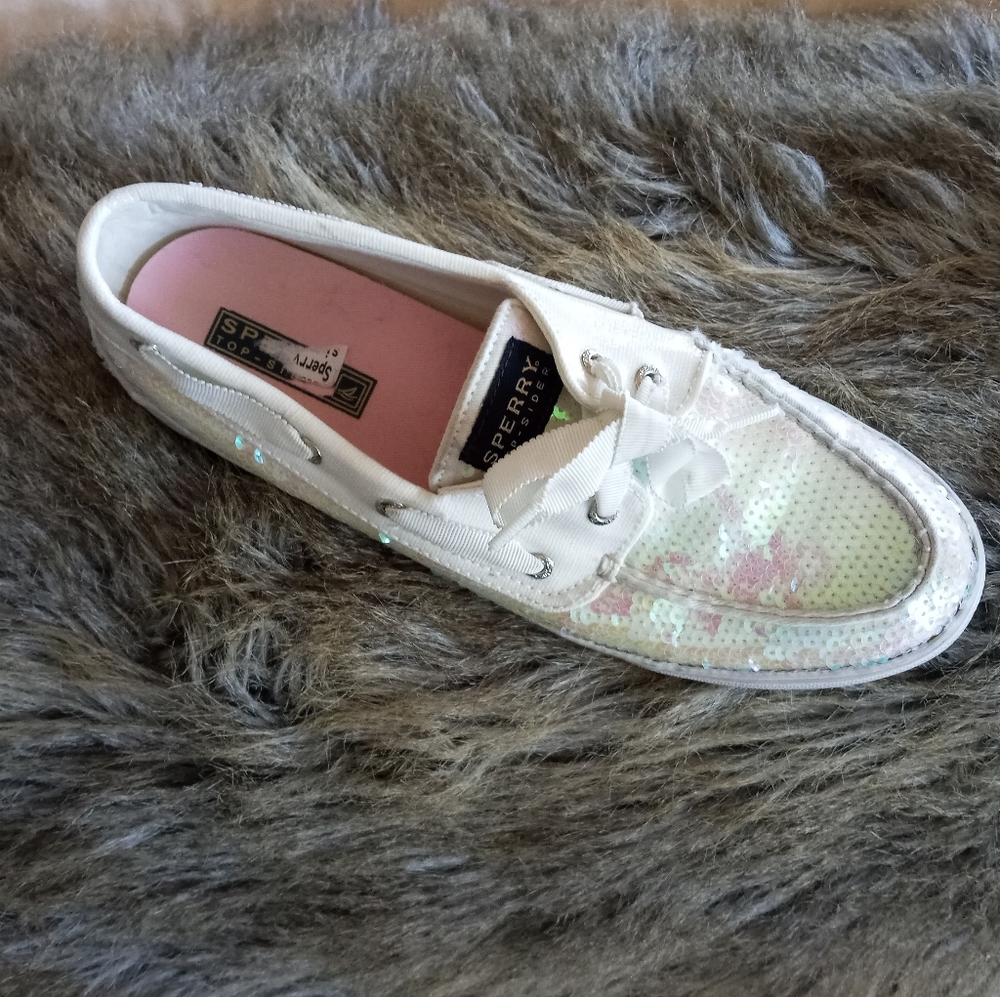 White Sperry sequin boat shoe 8 1/2